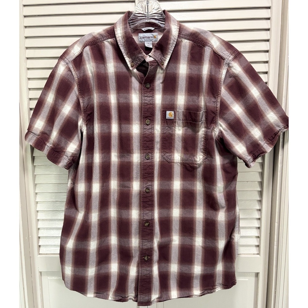 Carhartt Relaxed Plum/White Plaid Button Up Shirt Size L Short Sl Outdoor Pocket